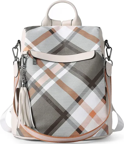 Vista 32 de Bromen - Mochila tipo bolso de mano de piel antirrobo para mujer a la moda, Beige floral, L