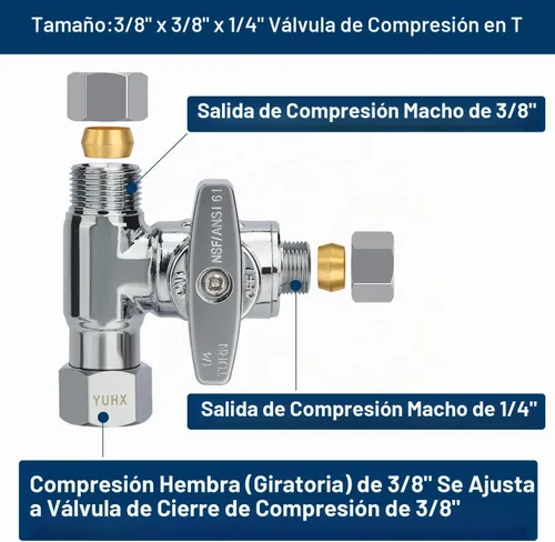 Vista 2 de Válvula Add-A-Tee de parada angular de latón, válvula de T de compresión de 3/8 x 3/8 x 1/4, Adaptador de agua de alimentación para refrigeradores