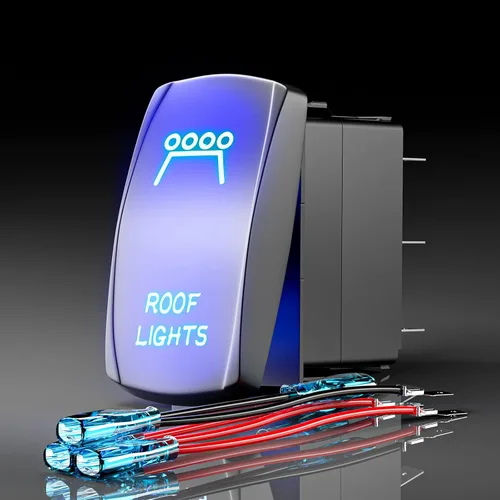 Vista 8 de Interruptor basculante de luces de conducción, SPST interruptor de palanca grabado con láser de 5 pines con LED azul y cables de puente, 12 V/24 V
