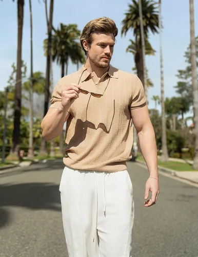 Vista 113 de COOFANDY Camisas polo de punto para hombre de manga corta con textura acanalada Camisas de golf casuales y ligeras con cuello Camiseta de polo