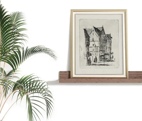 Vista 3 de Dibujo de Edificios de Ciudad en Estilo Rústico en Gris - Grabado de Arquitectura Urbana en Poster - Arte de Pared Vintage de Granja - Bosquejo Gris