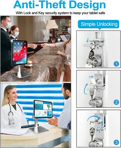 Vista 5 de Soporte antirrobo para tablet de 9 a 14 pulgadas, soporte de piso de escritorio para iPad de seguridad, soporte de pantalla POS resistente