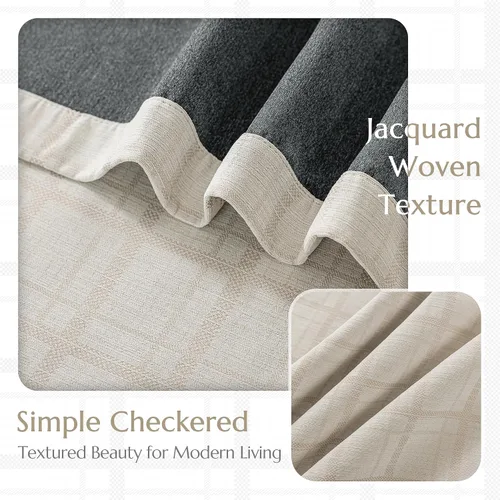 Vista 3 de Beauoop Cortinas Opacas de Jacquard a Cuadros Beige de 96 Pulgadas de Largo, 2 Paneles para Dormitorio y Sala de Estar, Cuadros Vichy