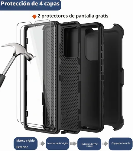 Vista 3 de Funda para Samsung Galaxy A14 5G con funda de clip para cinturón, 2 protectores de pantalla de vidrio, resistente grado militar, cuerpo completo, a