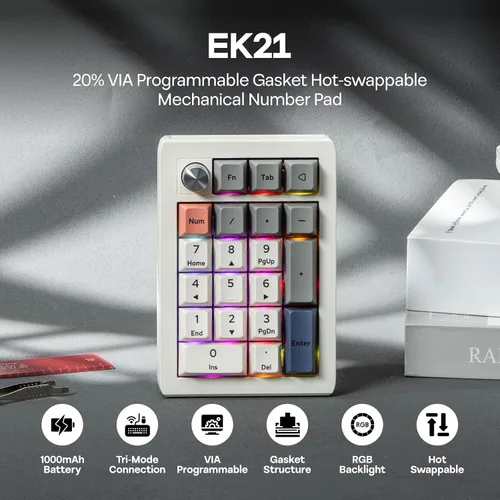 Vista 2 de EPOMAKER EK21 VIA Junta numérica con batería de 1000 mAh, BT 5.02.4GHzNumpad de intercambio en caliente con cable con perilla de aleación