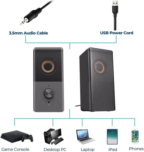 Vista 7 de ROSON Altavoz de computadora, altavoz de tamaño compacto con conector para auriculares, graves mejorados y control de volumen, altavoces multimedia