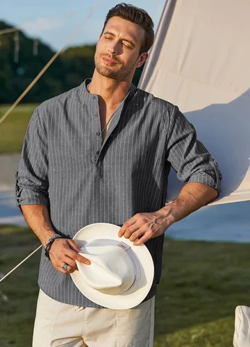 Vista 3 de COOFANDY - Camisa de lino y algodón con cuello Henley, de manga larga, estilo hippie, informal, camisetas de playa