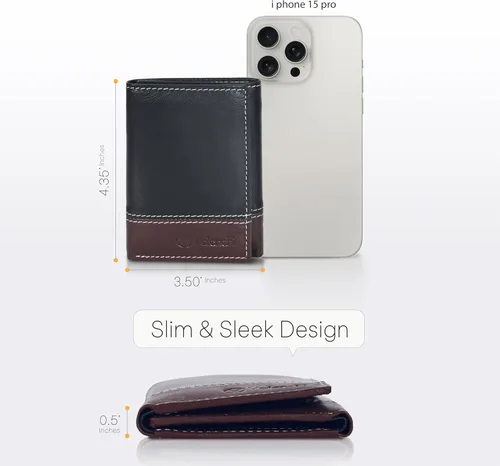 Vista 5 de Cartera de cuero genuino RFID bloqueo delgado Trifold para 6 tarjetas+1 ventana de identificación+2 compartimentos de anotaciones., cartera Rfid, S