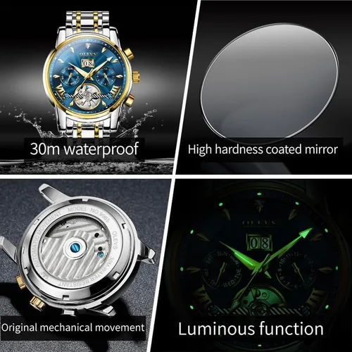 Vista 6 de OLEVS Relojes automáticos de acero inoxidable luminoso de lujo con esqueleto para hombre