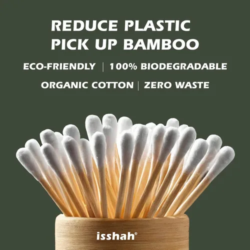 Vista 3 de Hisopos de algodón de bambú – 500 unidades – Certificado FSC y aprobado por PETA, puntas dobles ecológicas, palillos para los oídos sin plástico