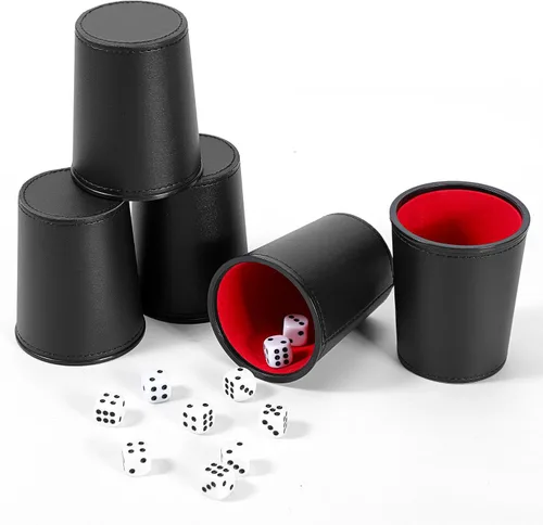 Vista 11 de Juego de tazas de cuero para dados, 5 tazas de dados negros + 25 dados + funda exclusiva de almacenamiento y transporte hecha de piel sintética
