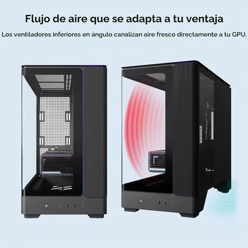 Vista 4 de Chasis para PC Montech King 15 Micro-ATX, vidrio panorámico curvo, enfriamiento de flujo de aire tipo chimenea, diseño de cámara dual, soporte