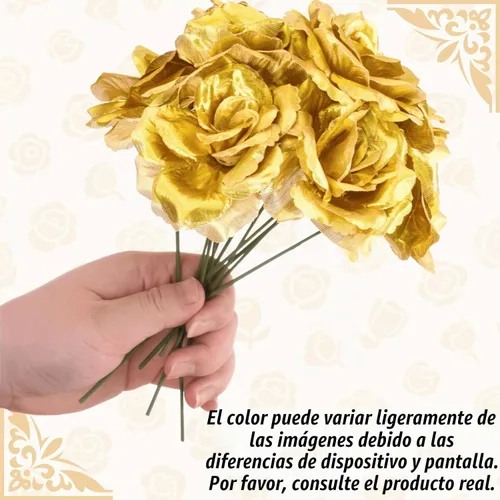 Vista 5 de Youeon 100 cabezas de rosas artificiales doradas de 3.5 pulgadas con tallos, cabezas de flores sintéticas de rosa de seda a granel para ramos