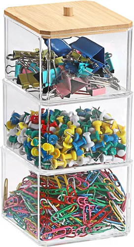 Vista 8 de BTSKY Organizador de clips de papel transparente apilable con tapa de bambú de 2 capas, caja de clips de papel, accesorio de oficina de acrílico