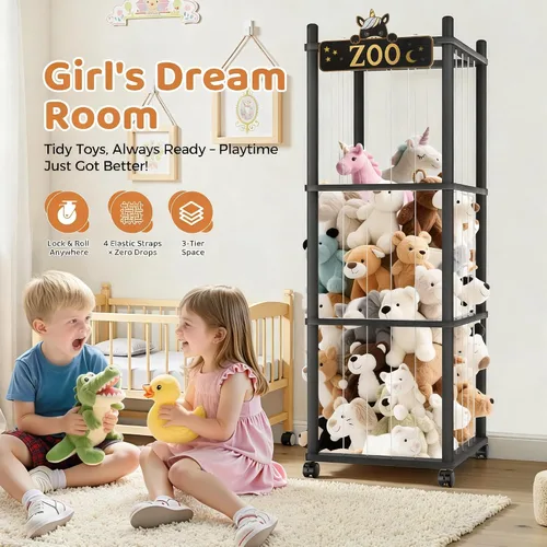 Vista 2 de Torre del zoológico de almacenamiento de animales de peluche, organizador grande de madera de 56 pulgadas con ruedas, almacenamiento de peluches