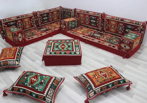 Vista 2 de arabicsofa Juego de asientos Majlis tradicionales rojos, sofá árabe en forma de L, cojines modulares turcos marroquíes