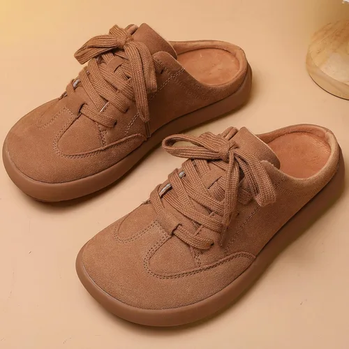 Vista 4 de UBFEN Pantuflas de piel de ante con soporte de arco para mujer, cómodas, para interiores y exteriores, con cordones