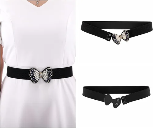 Vista 3 de Ayliss Cinturón elástico para mujer, con perlas de cristal, estilo vintage, elástico, para vestir, cintura ancha
