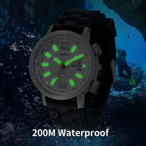 Vista 5 de BERNY Reloj de buceo mecánico automático para hombre, correa de silicona deportiva, resistente al agua, 20 ATM, cristal de zafiro resistente a