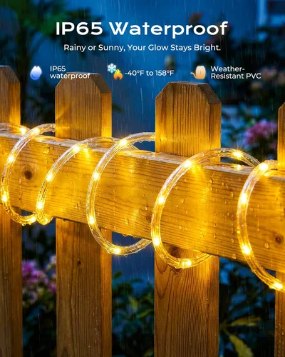 Vista 2 de Brightown Guirnalda de luces solares, 1 paquete de 100 luces LED de color blanco cálido de 39 pies para exteriores, IP65, impermeable, funciona