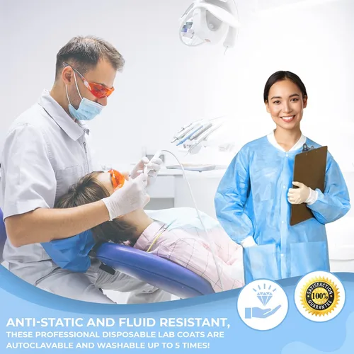 Vista 7 de Paquete de 10 abrigos de laboratorio desechables Abrigo de laboratorio duradero de 1.76 oz SMS hasta la rodilla, reutilizable, con puños
