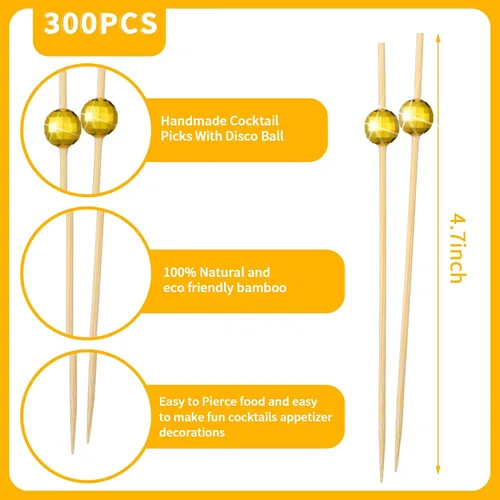 Vista 3 de Hushee 300 palillos de dientes decorativos de bola de discoteca para aperitivos, brochetas de bambú elegantes para bebidas, bodas, discotecas