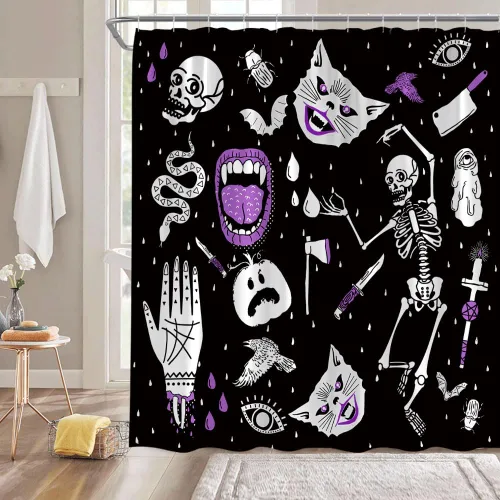 Vista 2 de GCTNBJL Cortina de ducha de Halloween, espeluznante alquimia, calavera, esqueleto, gato, calabaza, quiromancia, gótica, bohemia, tablero mágico
