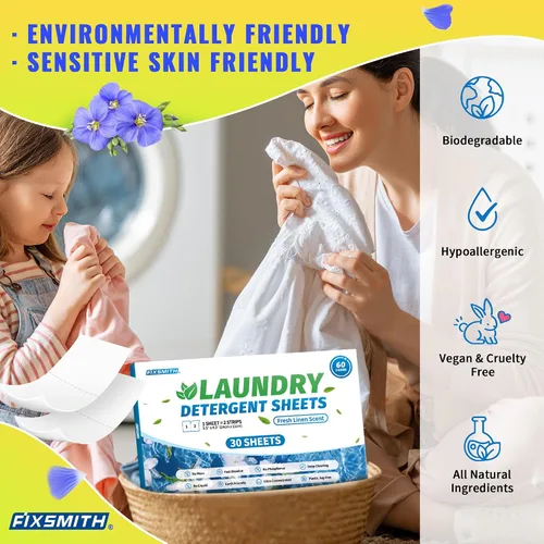 Vista 7 de FIXSMITH Hojas de detergente para ropa – 60 cargas (30 hojas) aroma de lino fresco – hipoalergénicas, ecológicas, hojas de jabón de lavandería ultra