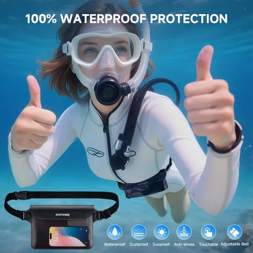 Vista 2 de ECHTPower Paquete de 2 bolsas impermeables, riñonera impermeable, bolsa seca impermeable con correa ajustable para la cintura para playa, natación