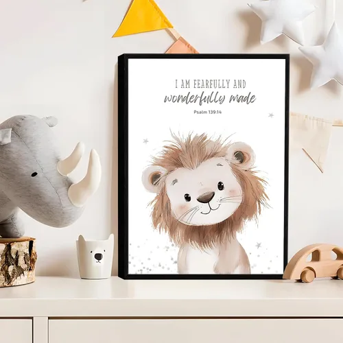 Vista 5 de Arte de pared enmarcado para guardería con versículo bíblico de animales en lienzo, arte de pared divertido y lindo de animales de safari, pintura