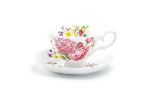 Vista 4 de Gracie Bone China Climbing Roses - Taza de té y platillo de 8 onzas (juego de 2), rosa