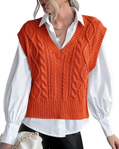 Vista 7 de Chaleco de suéter para mujer Lueluye V cuello sin mangas de punto sólido casual acanalado estilo preppy Beige