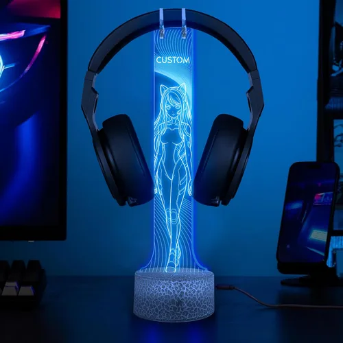 Vista 15 de NAZENTI Soporte LED personalizado para auriculares con diseño de marcador, soporte de escritorio para auriculares iluminado para hombres novio