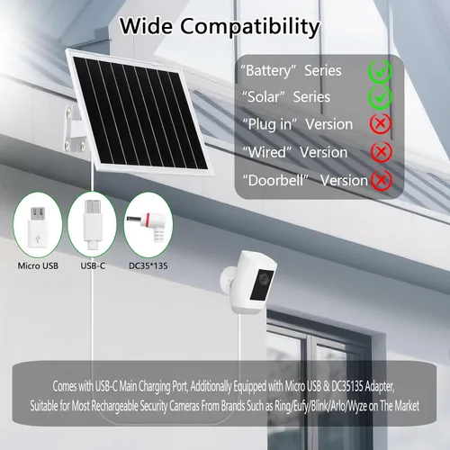 Vista 2 de Panel solar de 8 W y 5 V, cargador solar impermeable IP65 para exteriores, puertos micro USB USB-C DC35135, cable de 9.5 pies y soporte ajustable