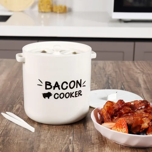 Vista 8 de SOLIGT Olla para Cocinar Tocino en Microondas de Cerámica - Olla de Tocino para Microondas con Diseño a Prueba de Salpicaduras, Tapa y Pinzas Extra