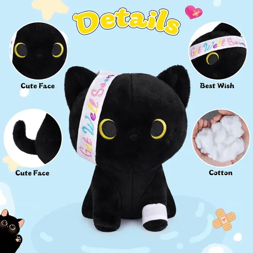 Vista 6 de Regalos para mujeres y niños, peluche de gato negro de 8 pulgadas, animales de peluche con texto en inglés "Get Well Soon", peluches de gato kawaii