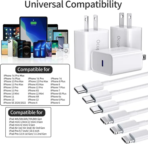 Vista 6 de Cargador de carga rápida para iPhone 14, 13, 12, 11 [certificado MFi], paquete de 3 bloques de cargador de pared USB C PD de 20W con cable USB C a