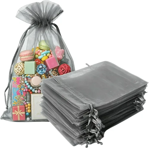 Vista 36 de Bolsas de regalo de organza de 4 x 6 pulgadas con cordón para joyas, dulces, paquetes de 50 bolsas de té de tela transparente azul aguamarina