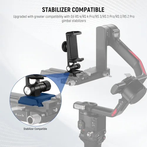 Vista 5 de Adaptador de montaje de trípode para teléfono Neewer con base tipo Arca QR, zapata fría, agujeros de 1/4" y 3/8", giro de 360° y inclinación