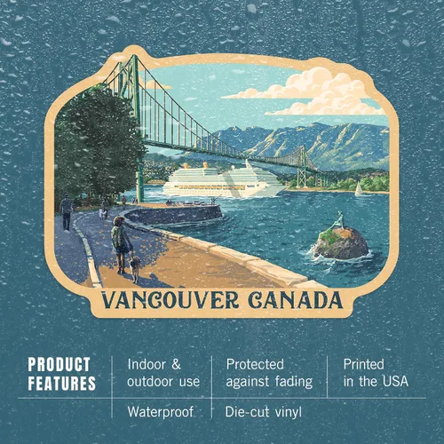 Vista 4 de Lantern Press Adhesivo Vancouver, Canadá, puente de la puerta de los leones, vinilo troquelado