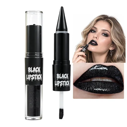 Vista 11 de Lápiz labial negro 2 en 1 para maquillaje de Halloween, brillo de labios 01#