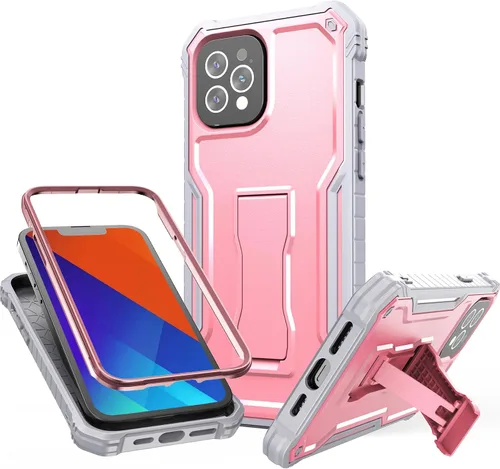 Vista 14 de FITO Funda para Apple iPhone 13, doble capa a prueba de golpes resistente con protector de pantalla de vidrio templado y soporte integrado (verde)