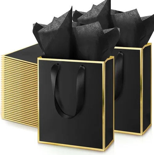 Vista 33 de Yeaqee Paquete de 100 bolsas metálicas de regalo con asa y papel de seda de papel de seda dorado para graduación, boda, padrinos de boda, regalos