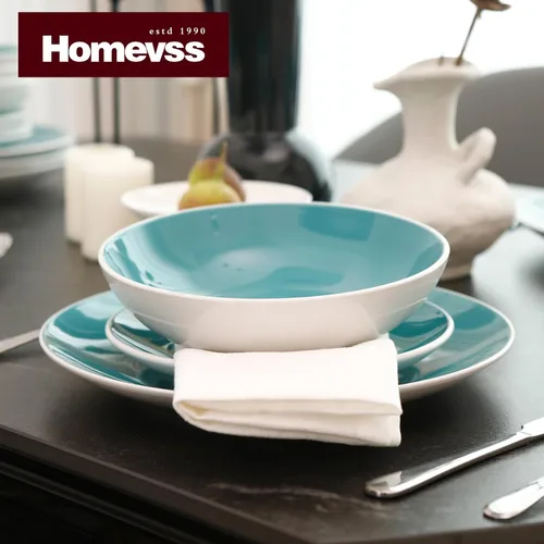 Vista 6 de HomeVss, Juego de vajilla de gres Coupe Shape de 12 piezas, exterior blanco + interior, azul Tiffany