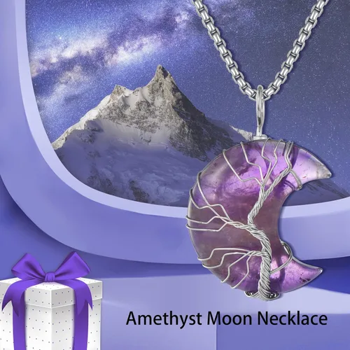 Vista 5 de Collar de luna de amatista para mujer, colgante de luna de cristal morado, árbol de la vida, joyería de regalo de Navidad para novia y madre, Acero