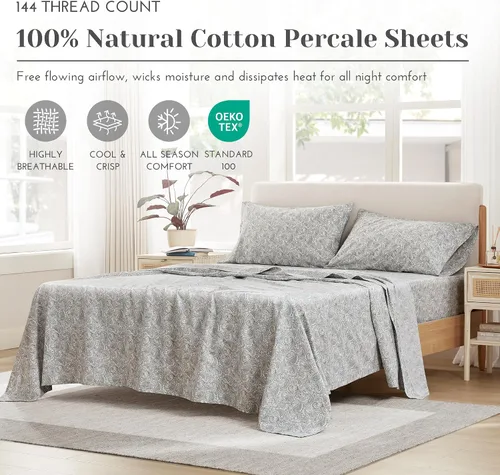 Vista 2 de Comfort Spaces Juego de sábanas 100% algodón transpirable, ligero, suave con bolsillo elástico de 14 pulgadas que se adapta a colchones de hasta 16