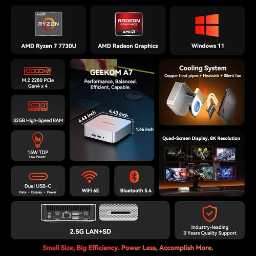 Vista 2 de Mini PC GEEKOM A7, Ryzen 7 7730U (baja potencia) 32 GB de RAM y 500 GB SSD