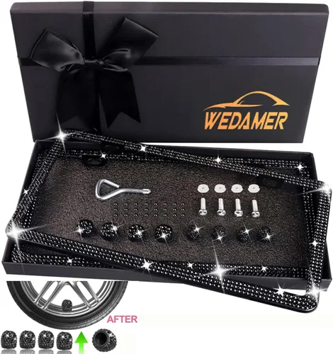 Vista 2 de WEDAMER Paquete de 2 marcos de matrícula negros para mujer, marco de matrícula con diamantes de imitación brillantes con purpurina deslumbrante