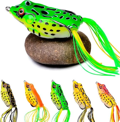 Vista 9 de Señuelo de rana Topwater, kit de señuelos de pesca para trucha, señuelos de rana realistas con ganchos sin hierbas, cebo flotante suave para agua