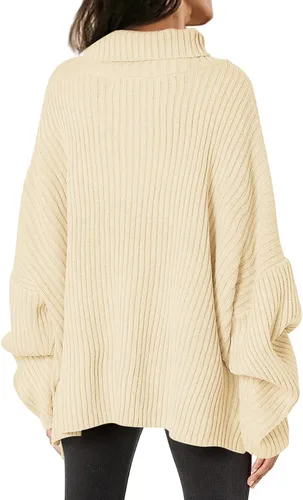 Vista 3 de Langwyqu Suéteres de cuello alto de gran tamaño para mujer, manga larga de murciélago, de punto acanalado, casual, holgados, túnica